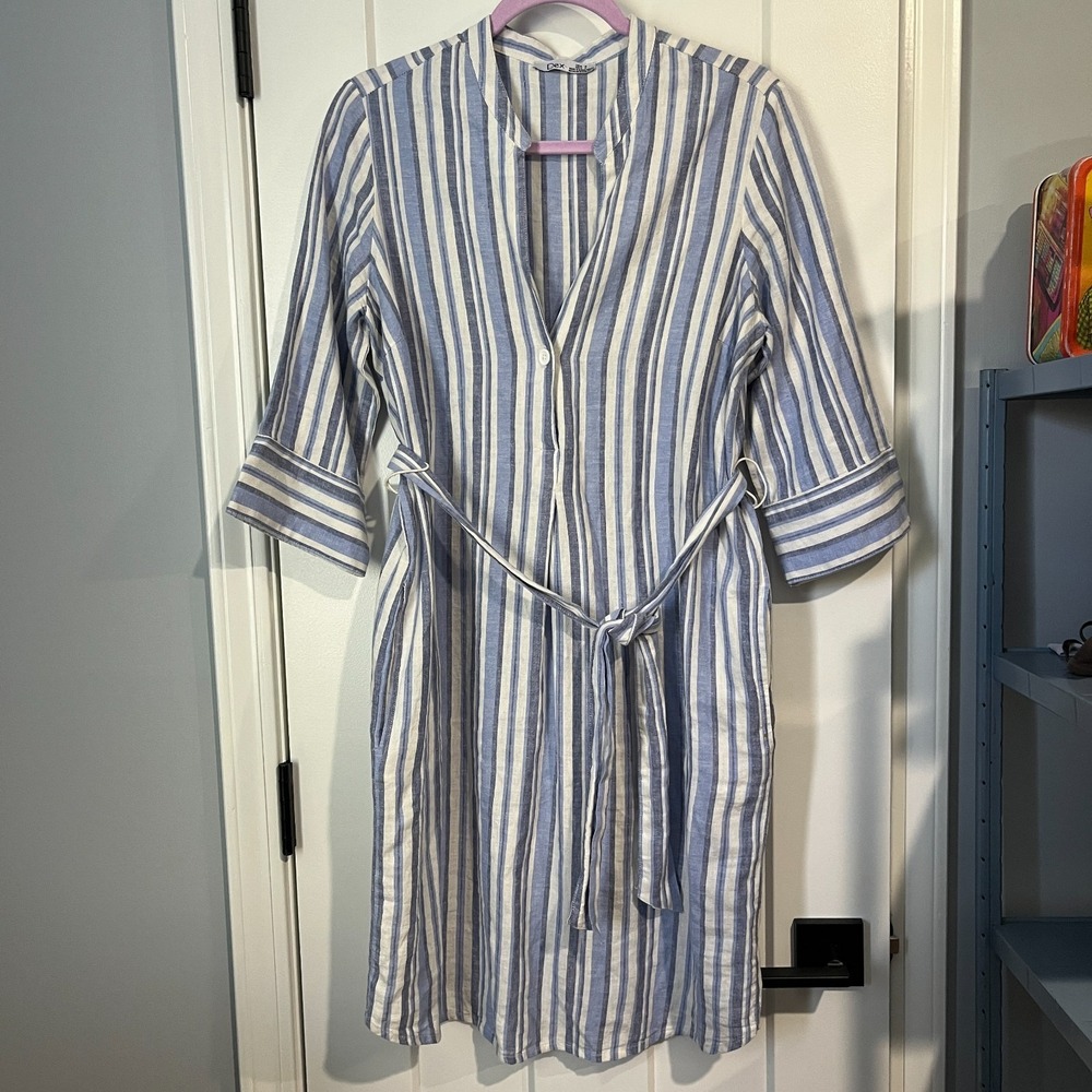 Tunic Dress 3/4 Sleeve Linen Blend Size S Stripe Blue White